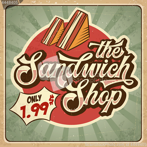 Image of Retro advertising restaurant sign for sandwich shop. Vintage pos