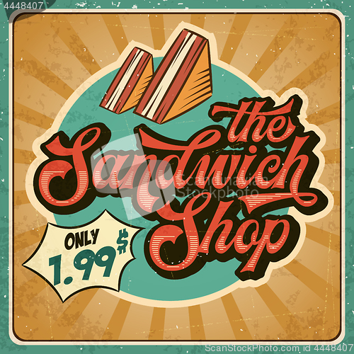 Image of Retro advertising restaurant sign for sandwich shop. Vintage pos