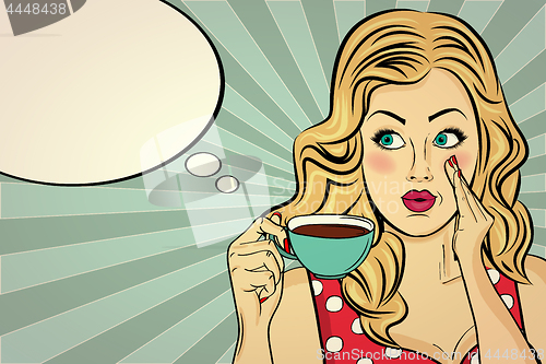 Image of Sexy blonde pop art woman with coffee cup