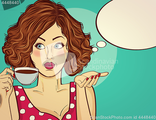 Image of Sexy pop art woman with coffee cup