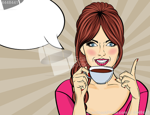 Image of Sexy pop art woman with coffee cup