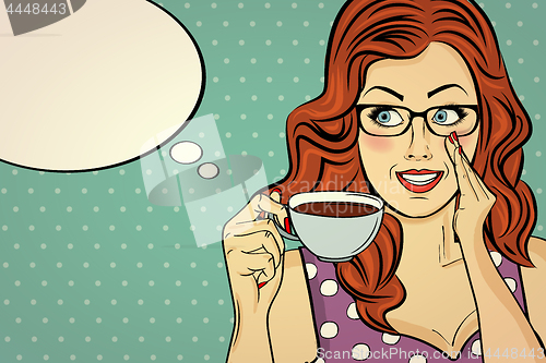 Image of Sexy pop art woman with coffee cup