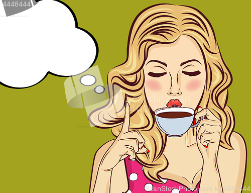 Image of Sexy blonde pop art woman with coffee cup