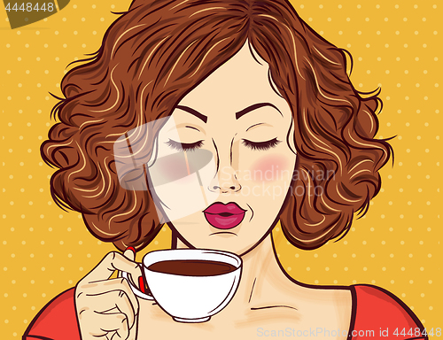 Image of Sexy pop art woman with coffee cup