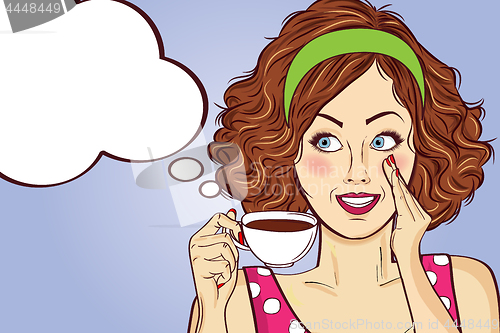 Image of Sexy pop art woman with coffee cup