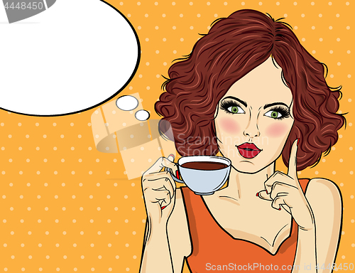 Image of Sexy pop art woman with coffee cup