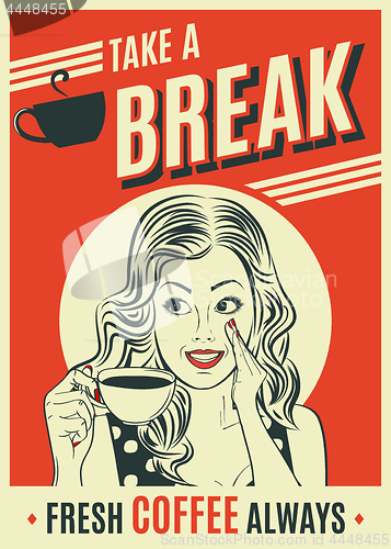 Image of advertising coffee retro poster with pop art woman