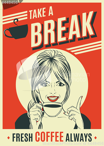 Image of advertising coffee retro poster with pop art woman