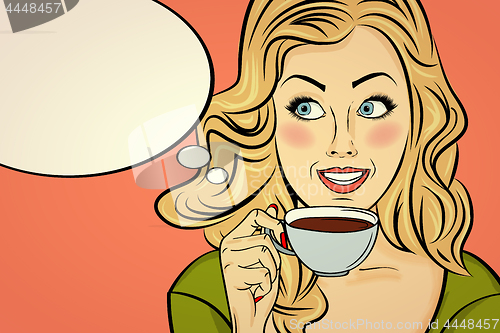 Image of Sexy blonde pop art woman with coffee cup