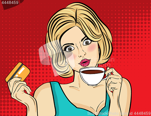 Image of Sexy blonde pop art woman with coffee cup