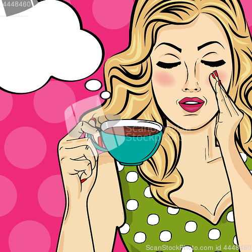 Image of Sexy blonde pop art woman with coffee cup