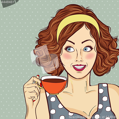 Image of Sexy pop art woman with coffee cup