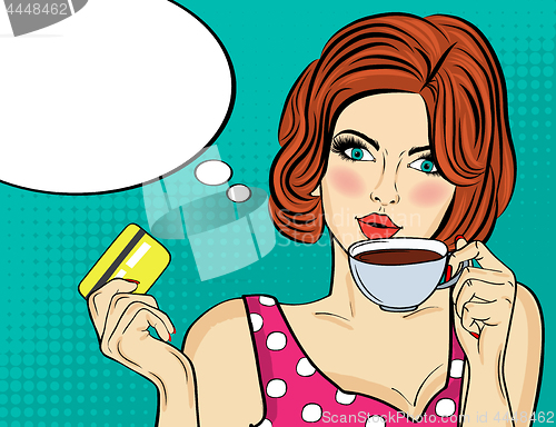 Image of Sexy pop art woman with coffee cup