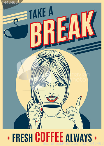 Image of advertising coffee retro poster with pop art woman