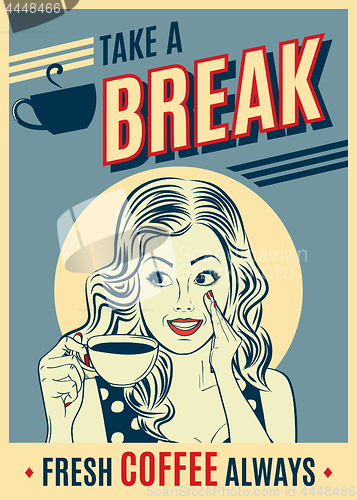 Image of advertising coffee retro poster with pop art woman