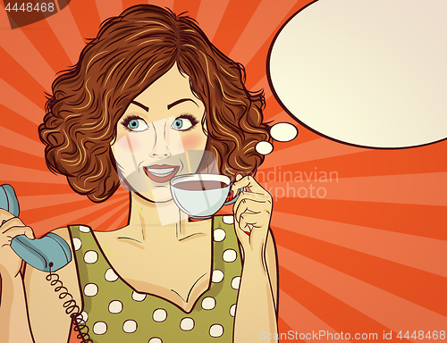 Image of Sexy pop art woman with coffee cup