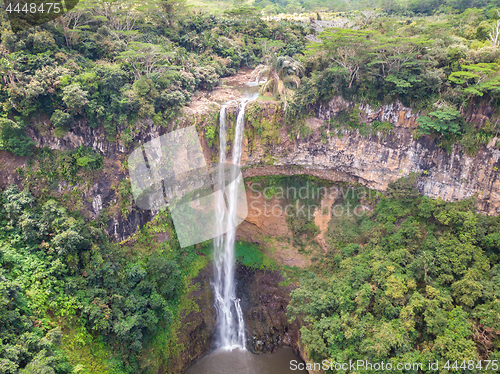 Image of Aerial top view perspective of Chamarel Waterfall in the tropical island jungle of Mauritius.