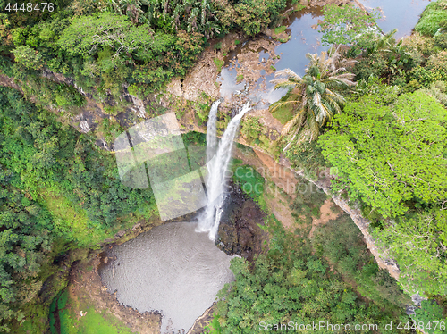 Image of Aerial top view perspective of Chamarel Waterfall in the tropical island jungle of Mauritius.