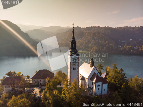 Image of Aerial view of island of lake Bled, Slovenia.