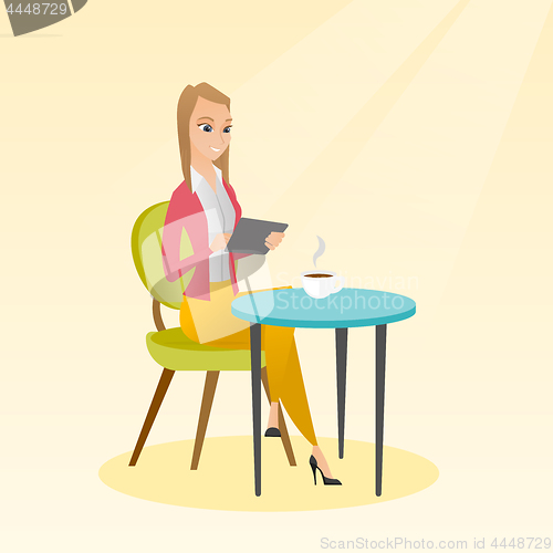 Image of Woman surfing in the social network in the cafe.