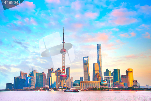 Image of Shanghai skyline at sunset. China