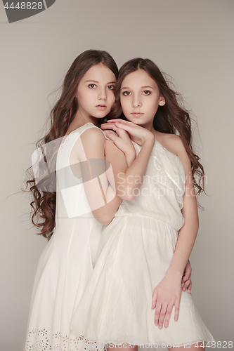 Image of The fashion girls standing together and looking at camera over gray studio background