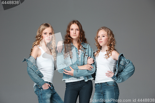 Image of The fashion girls standing together and looking at camera over gray studio background