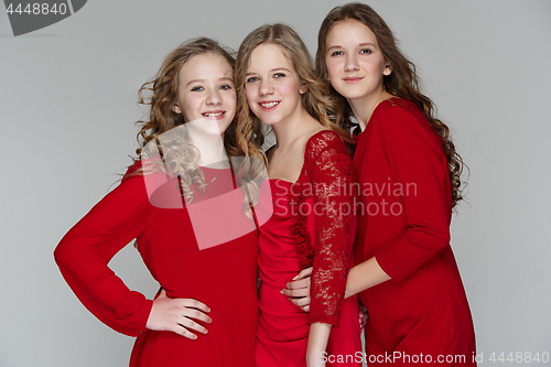 Image of The fashion girls standing together and looking at camera over gray studio background