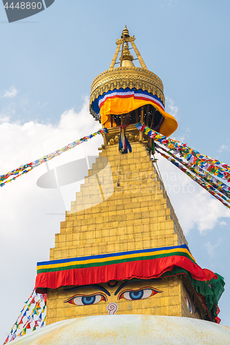 Image of Boudhanath Stupa and prayer flags in Kathmandu