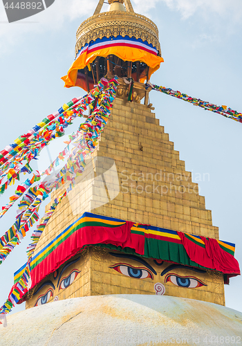 Image of Boudhanath Stupa and prayer flags in Kathmandu