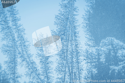 Image of Frosty cyan blue window with snowflake patterns