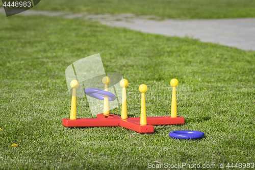 Image of Ring throw summer game on a green lawn