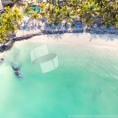 Image of Aerial view of amazing tropical white sandy beach with palm leaves umbrellas and turquoise sea, Mauritius.