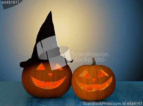 Image of close up of halloween pumpkins on table