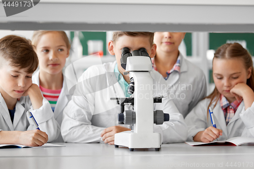 Image of kids or students with microscope biology at school