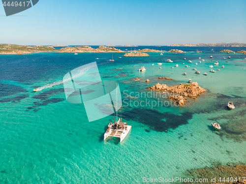 Image of Drone aerial view of catamaran sailing boat in Maddalena Archipelago, Sardinia, Italy.