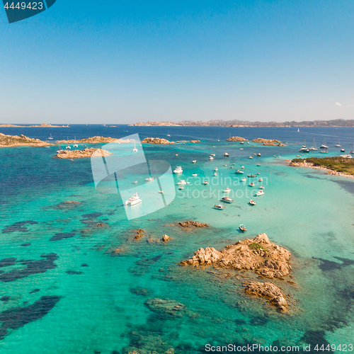 Image of Drone aerial view of Razzoli, Santa Maria and Budelli islands in Maddalena Archipelago, Sardinia, Italy.