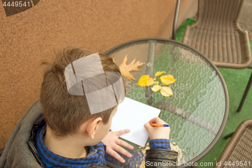 Image of Boy is doing homework outdoors