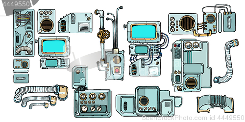 Image of Cyberpunk robots mechanisms and machines. Details of the spacecr