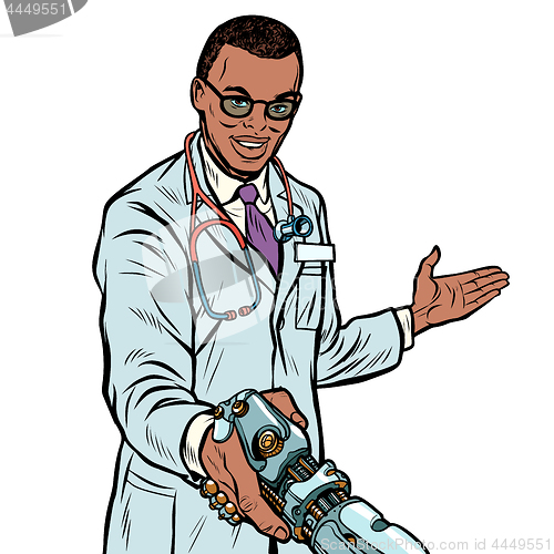 Image of African doctor handshake robot, medicine and health care. Prosth