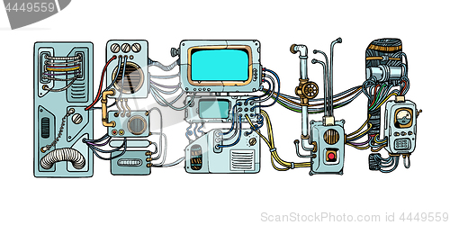 Image of Cyberpunk robots mechanisms and machines. Details of the spacecr