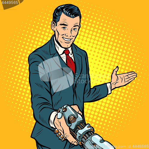 Image of businessman shaking hands with robot, new technology