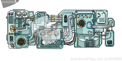 Image of Cyberpunk robots mechanisms and machines. Details of the spacecr