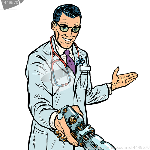 Image of doctor handshake to robot, medicine and health care. Prosthesis 