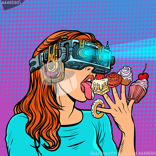 Image of woman in virtual reality glasses eating sweets