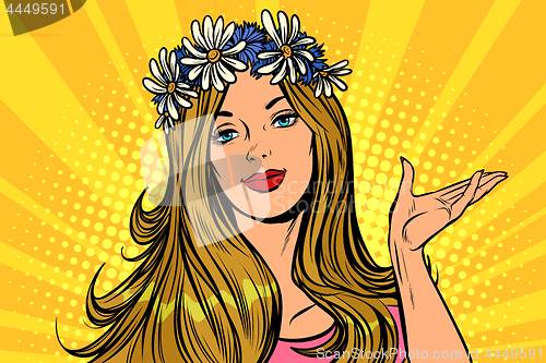 Image of Beautiful woman in a flower wreath. Presentation gesture