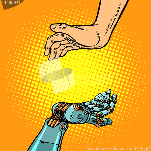 Image of Human and robot hands. presentation gesture