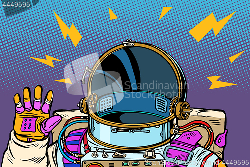 Image of spacesuit astronaut, Hello gesture
