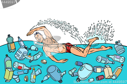 Image of Ocean pollution by plastic trash. Ecology concept. man swimmer s