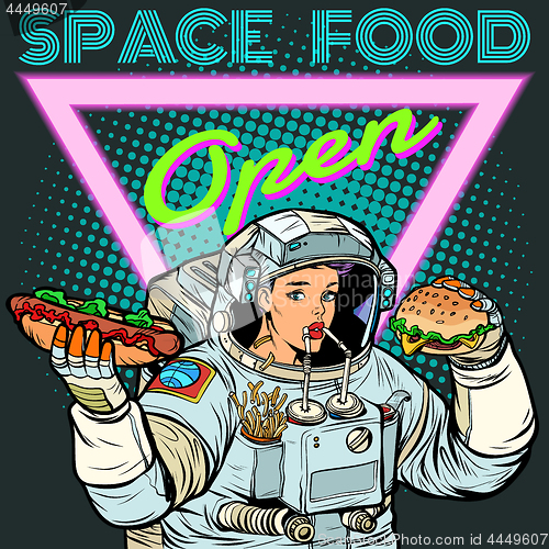 Image of Space food. Woman astronaut eats. Cola, hot dog and Burger.